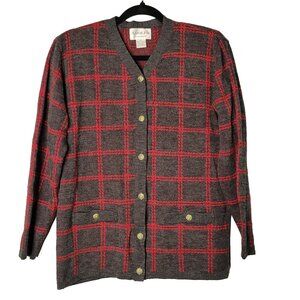 Vintage Women's M Lamb's Wool Window Pane Plaid Cardigan Sweater Old Money Prepp